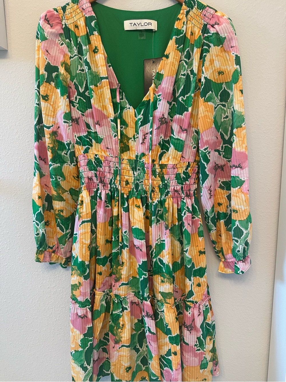 Taylor Green Floral V-Neck Smocked Waist Dress with Yellow & Pink Blooms